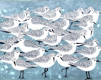 A3 Collage print, Crowd of Sanderlings, sea birds, waders, handprinted paper, recycled paper