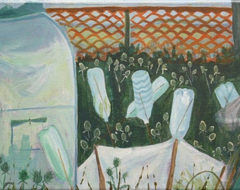 overgrown english allotment, plastic recycling, greenhouse, nature run wild, teasels, back to nature, long acrylic painting