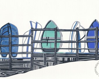 ORIGINAL lino print (Upnor Dinghies in Blue)