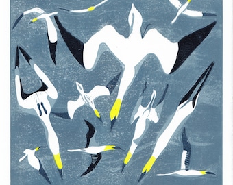 Gannets at Belhaven Bay, original lino print, seabird art in UK, scottish coastal scene