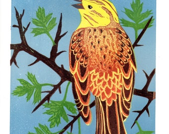 Yellowhammer, wildlife art, bird print, limited edition lino print, etching, artist designed and made artwork, original art