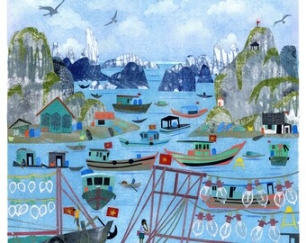 A3 Collage print. Ha Long Bay art, colourful coastal scene, sea and islands, fishing boats and huts, Vietnamese landscape