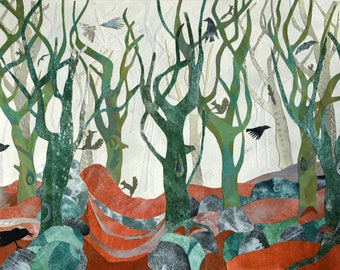 A3 Collage print, Priddock Wood, Peak District, trees, misty day, birds and squirrels, recycled paper