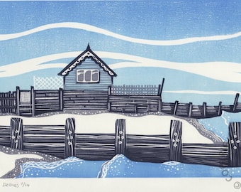 The BLUE HOUSE at SHELLNESS lino print coast sea kent groyne beach