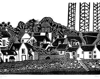 CROMARTY lino print scottish landscape