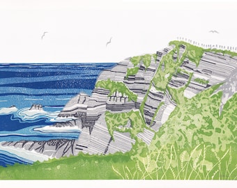 KERRY CLIFFS lino cut print Ireland landscape sea rock coast