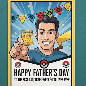 Carte numérique inspirée des Pokémon pour la fête des pères | Cadeau imprimable pour papa, entraîneur et collectionneur | Activité de bricolage amusante