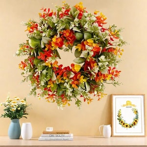 Autumn Silk Flower Wreath – 35 cm Handmade Warm Wall Decor for Front Door or Indoors – Rustic Seasonal Floral Wreath