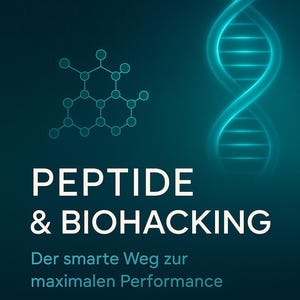 May include: A teal and dark blue graphic with the words "PEPTIDE & BIOHACKING" in white. A double helix and a molecular structure are depicted. The text below reads "Der smarte Weg zur maximalen Performance."
