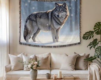 Wandtapijt winterwolf en stoffen muurkunst – Premium geweven sneeuwbos dierendecor voor woondecoratie, esthetisch natuurcadeau