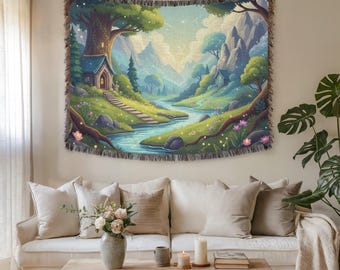 Whimsical Fairytale Forest Landscape Wall Tapestry & Fabric Wall Art – Premium Woven Vintage Home Decor for Cozy Fantasy Rooms