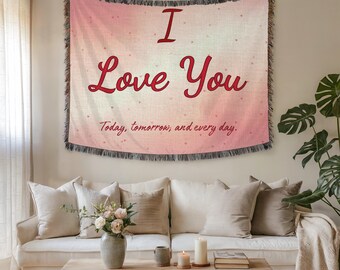 I Love You Romantische boodschap wandtapijt en stoffen muurkunst – Premium geweven liefdeskunst voor huisdecoratie, gezellig Valentijnsdagcadeau