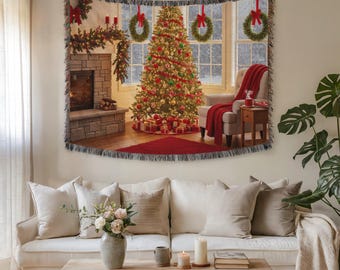 Kerstboom en open haard Scène wandtapijten en stoffen muurkunst – Premium geweven feestelijke vakantiekunst voor interieur, warm, gezellig cadeau