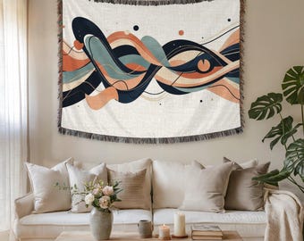 Wandtapijt met abstract golfpatroon en stoffen muurkunst – Premium geweven vintage woondecoratie modern minimaal esthetisch ontwerp