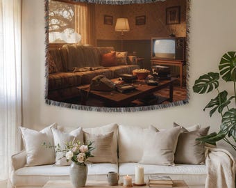 Gezellige retro woonkamerscène wandtapijt en stoffen muurkunst – Premium geweven vintage woondecoratie, stijlvol, gezellig cadeau