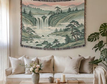 Vintage waterval landschap wandtapijt en stoffen muurkunst – Premium geweven vintage woondecoratie Japanse stijl natuurscène