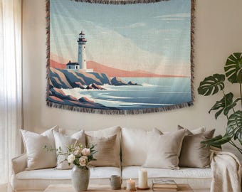 Wandtapijt kustvuurtoren en stoffen muurkunst – Premium geweven minimaal decor aan zee, rustig esthetisch cadeau