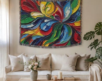 Levendige abstracte olieverf wandtapijten en stoffen muurkunst – Premium geweven kleurenspatkunst voor interieur, gewaagd artistiek gezellig cadeau