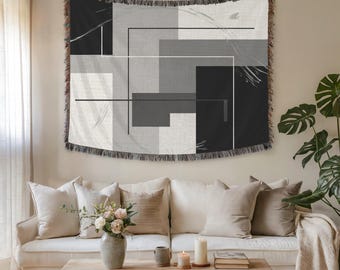 Abstract Black White Geometric Wall Tapestry & Fabric Wall Art – Premium Woven Vintage Home Decor for Modern Minimalist Interiors