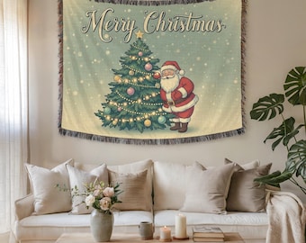 Kerstboom illustratie wandtapijt en stoffen muurkunst – Premium geweven retro vakantiekunst voor huisdecoratie, feestelijk gezellig cadeau