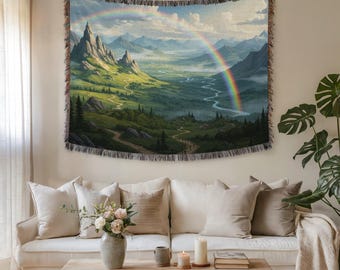 Regenboogvallei landschap wandtapijt en stoffen muurkunst – Premium geweven kleurrijke natuurkunst voor woondecoratie, levendig gezellig cadeau