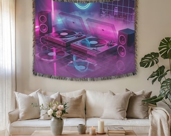 Neon Retro Vinyl DJ Wall Tapestry & Fabric Wall Art – Premium Woven Synthwave Music Art for Home Decor, Futuristic Cozy Gift