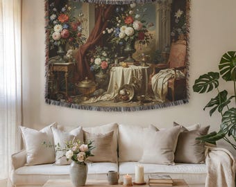 Victoriaanse bloemen wandtapijt en stoffen muurkunst – Premium geweven wandtapijt voor woondecoratie, vintage-geïnspireerde woonkamer, slaapkamer - cadeau