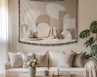 Neutraal geometrisch stilleven wandtapijt en katoenen deken – Premium geweven moderne minimal art voor woondecoratie, rustig, gezellig cadeau