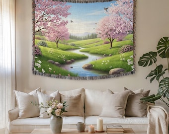 Wandtapijt lentebloesem landschap en stoffen muurkunst – Premium geweven vintage woondecor Kersenbomen en beekje