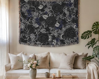 Dark Roses in Silver Vines Wall Tapestry & Fabric Wall Art – Premium Woven Dark Floral Art for Home Decor, Gothic Aesthetic Cozy Gift