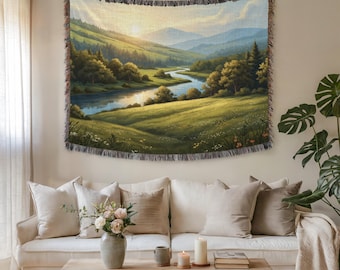 Sunlit Mountain River Landscape Wall Tapestry & Fabric Wall Art – Cozy Nature Decor Aesthetic Gift Idea