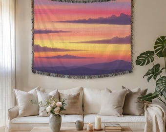 Pastel zonsondergang horizon wandtapijt en stoffen muurkunst – Premium geweven serene luchtkunst voor interieur, dromerig, gezellig cadeau