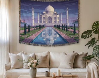 Taj Mahal nacht illustratie wandtapijt en stoffen muurkunst – Premium geweven Indiase monumentale kunst voor interieur, elegant reisgezellig cadeau