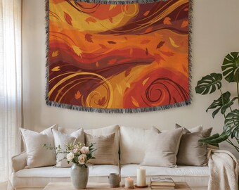 Autumn Breeze Abstract wandtapijt en stoffen muurkunst – Premium geweven herfstbladerenkunst voor interieur, warm, gezellig seizoenscadeau