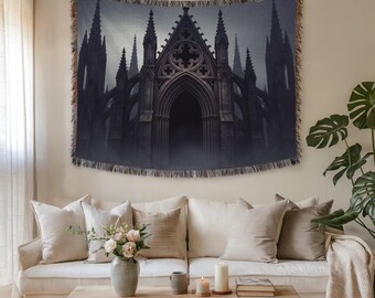 Gothische Kathedrale Wandteppich & Stoff Wandkunst - Premium gewebte dunkle mittelalterliche Architektur Kunst für Wohnkultur, stimmungsvolles, gemütliches Geschenk