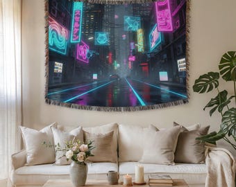 Cyberpunk Neon Cityscape Wall Tapestry & Fabric Wall Art – Premium Woven Futuristic Street Art for Home Decor, Vibrant Cozy Gift