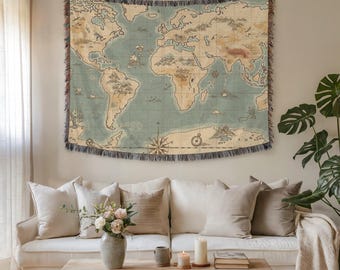 Vintage wereldkaart wandtapijt en stoffen muurkunst – Premium geweven antieke cartografiekunst voor interieur, gezellig cadeau in ontdekkingsreizigerstijl