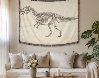 Vintage wandtapijt dinosaurusskelet en kunst aan de muur: premium geweven fossiele anatomie, educatief esthetisch cadeau