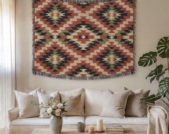Wandtapijt met zuidwestelijk ruitpatroon en stoffen muurkunst – Premium geweven Azteekse mozaïekillustratie voor gezellig interieur