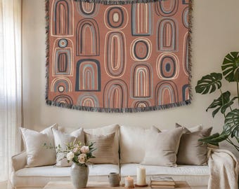Halverwege de eeuw abstract wandtapijt en stoffen muurkunst – Premium geweven geometrisch bohodecor, esthetisch retrocadeau