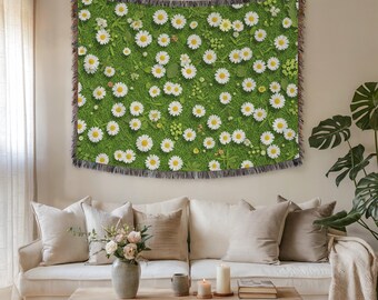 Wandtapijt met madeliefjesweidepatroon en stoffen muurkunst – Premium geweven bloemen natuurkunst voor interieur, lente-geïnspireerd gezellig cadeau