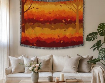 Warm Autumn Woodland Wall Tapestry & Fabric Wall Art – Premium Woven Vintage Home Decor for Earthy Bohemian Interiors