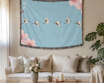 Cherry Blossom Crane Flight Wall Tapestry & Fabric Wall Art – Premium Woven Vintage Asian Home Decor