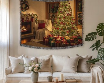 Kerst woonkamer scène wandtapijten en stoffen muurkunst – Premium geweven feestkunst voor huisdecoratie, warm, gezellig cadeau