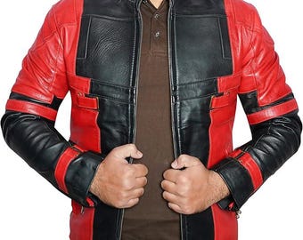 Red and Black Genuine Leather Biker Jacket: Cafe Racer Style
