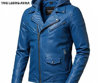 ダークブルー フード付きレザージャケット ダークブルー フード付きレザージャケット