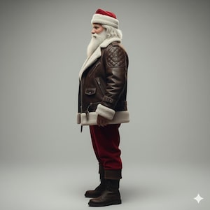 May include: Santa Claus wearing a brown leather jacket with a shearling collar and cuffs, red trousers, and a red hat with a white brim. He has a long white beard and is wearing brown boots. The jacket has a quilted shoulder design.