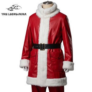 Real Leather Santa Coat: Red Faux Fur Trim, Christmas Cosplay