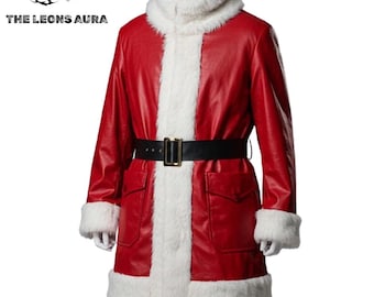 Kerstmanjas van echt leer: rode rand van imitatiebont, kerstcosplay