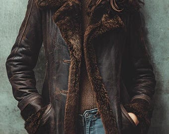 Chaqueta de borrego marrón para mujer — Abrigo de aviador de cuero con forro de piel, chaqueta de invierno vintage desgastada hasta la cadera